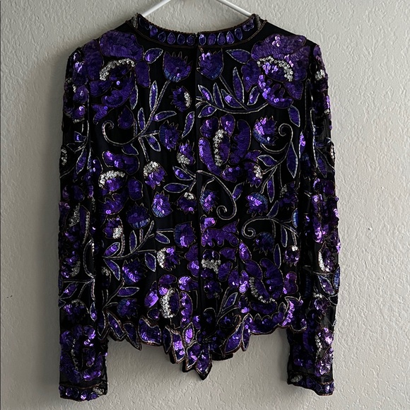 Vintage Lawrence Kazar Sequin Beaded Embellished Silk Blouse Purple in M - Picture 7 of 16